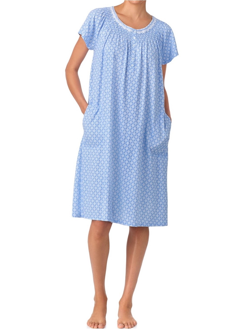 Aria Women's 4X Blue and White Floral Cotton Raglan Sleeve Smocked Nightgown